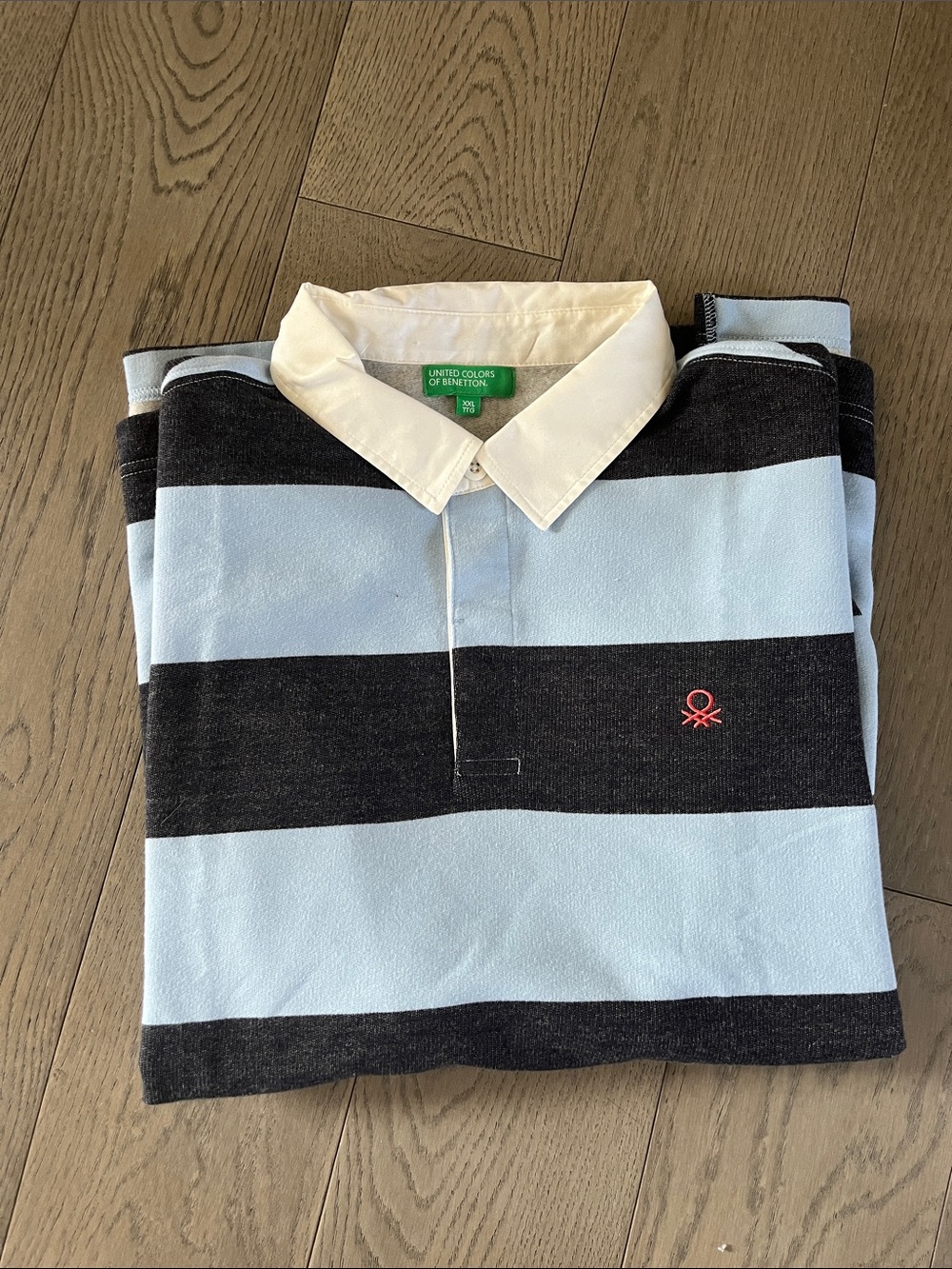 NWOT: United Colors Of Benetton Men’s Light Blue, Black & White Striped Polo